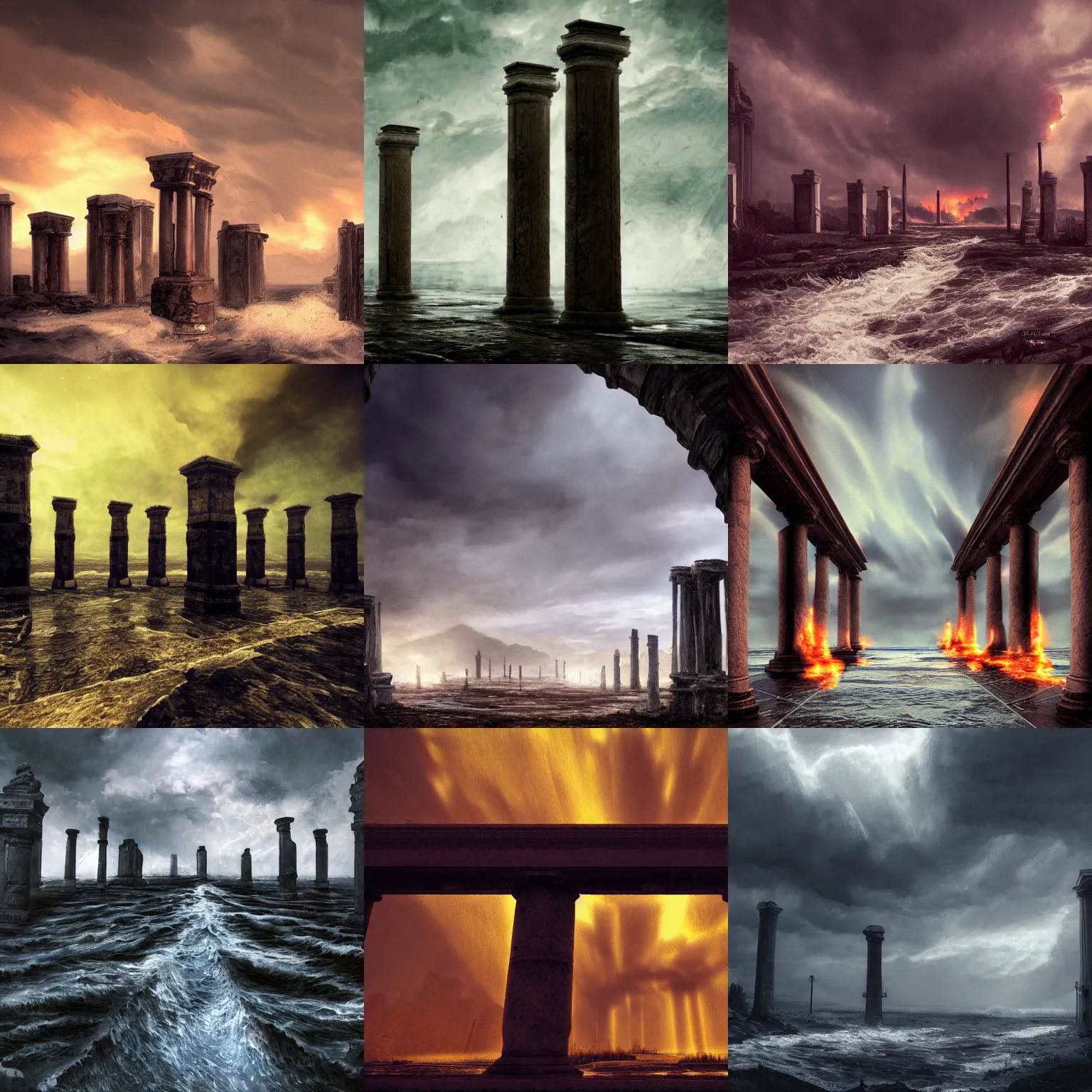 Prompt: old pillars supporting the sky in front great conflagration and over raging water, realistic, highly detailed, apocalyptic, epic lighting, establishing shot, artstation