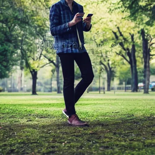 Image similar to 3 0 year old stylish man using smartphone outdoors in the park realistic image, 4 k 3 0 mm photography, stock image