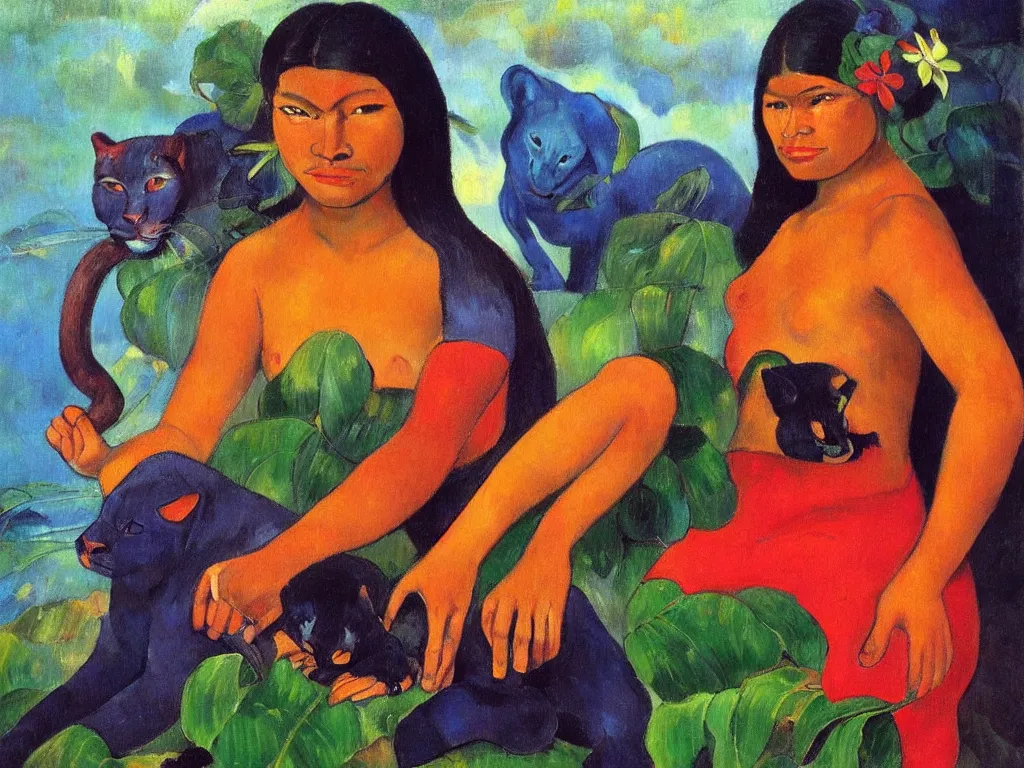 Image similar to Portrait of a Tahitian woman with panther. Lapis Lazuli, malachite, cinnabar. Painting by Gauguin, Agnes Pelton