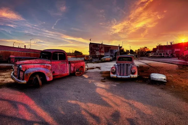 Image similar to a sunset light landscape with historical route 6 6, lots of sparkling details and sun ray ’ s, blinding backlight, smoke, volumetric lighting, colorful, octane, 3 5 mm, abandoned gas station, old rusty pickup - truck, beautiful epic colored reflections, very colorful heavenly, softlight