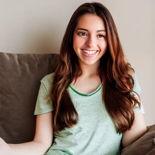 Image similar to a cute young woman smiling, long shiny bronze brown hair, full round face, emerald green eyes, medium skin tone, light cute freckles, smiling softly, wearing casual clothing, relaxing on a modern couch, interior lighting, cozy living room background, medium shot, mid-shot, soft focus