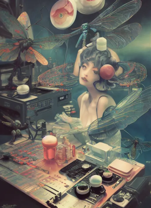 Image similar to surreal gouache painting, by yoshitaka amano, by ruan jia, by Conrad roset, by good smile company, detailed anime 3d render of a medicine pills Surrounded by a magical dragonfly and a big DJ Mixer, deck, portrait, cgsociety, artstation, rococo mechanical and Digital and electronic, dieselpunk atmosphere