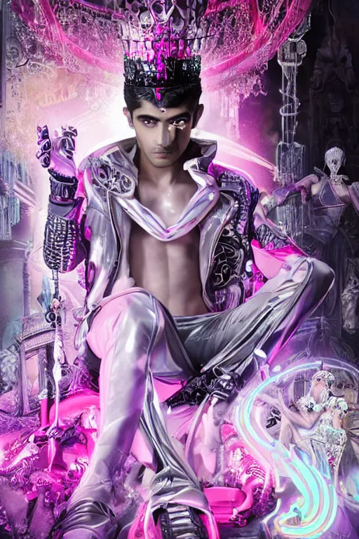 Image similar to full-body rococo and cyberpunk style neon statue of a young attractive Zayn Malik macho dotado e rico android sim roupa reclining con las piernas abertas e la piroca dura, glowing white laser eyes, prince crown of pink gears, diamonds, swirling silver-colored silk fabric. futuristic elements. full-length view. space robots. human skulls. intricate artwork by caravaggio. Trending on artstation, octane render, cinematic lighting from the right, hyper realism, octane render, 8k, depth of field, 3D