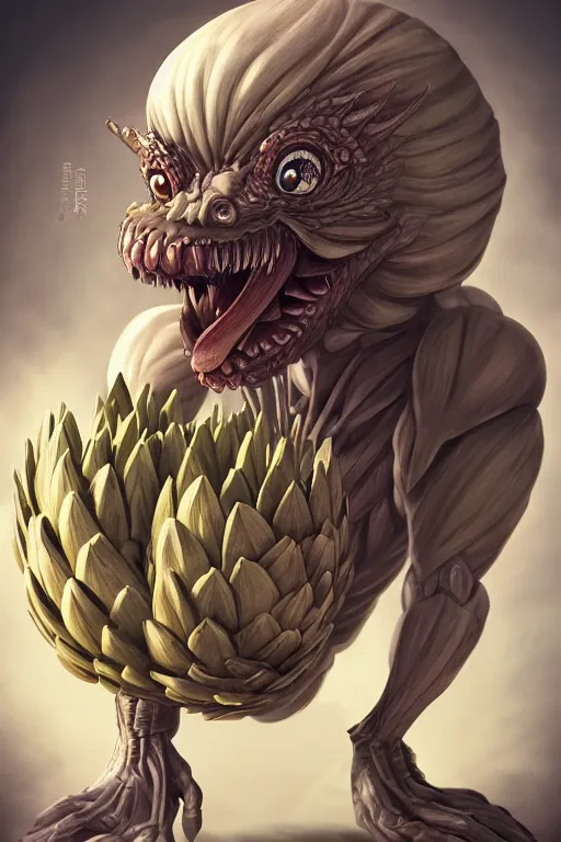 Image similar to a humanoid figure artichoke monster with large sphere eyes and a voracious mouth, highly detailed, digital art, sharp focus, trending on art station, plant, anime art style