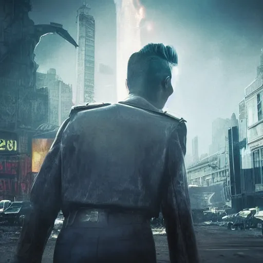 Image similar to fallout 5, charismatic david bowie, portrait, outdoors ruined cityscape, atmospheric lighting, painted, intricate, volumetric lighting, beautiful, daytime, sunny weather, slight overcast, sharp focus, deep colours, ultra detailed, by leesha hannigan, ross tran, thierry doizon, kai carpenter, ignacio fernandez rios