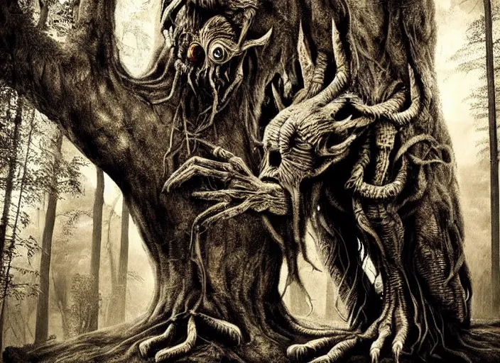 Prompt: an incredibly scary and very very unique monster creature of evil nature with animal, human and tree like characteristics, ancient folk legend in the forest, extremely creative and detailed, sepia photography