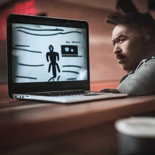 Prompt: gray alien working on laptop in coffee shop cafe professional filter photo