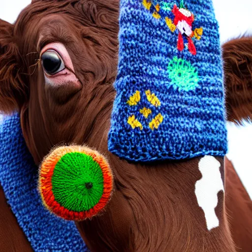 Image similar to a cow knitting a scarf