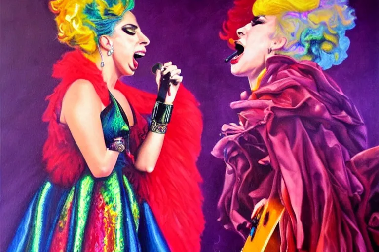 Image similar to highly detailed oil painting of lady gaga singing, colorful dress, very realistic, art nouveau, dramatic light,