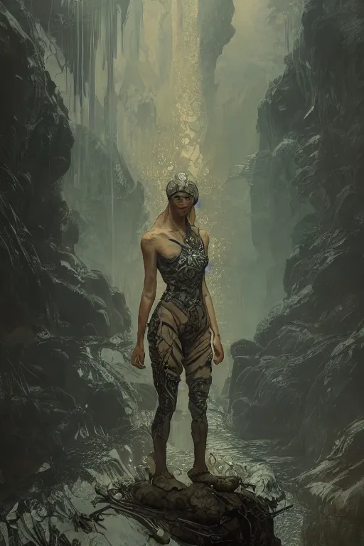 Image similar to a full body portrait of a beautiful post apocalyptic offworld nordic biofarmer swimming by the waterfalls, intricate, elegant, highly detailed, digital painting, artstation, concept art, smooth, sharp focus, illustration, art by krenz cushart and artem demura and alphonse mucha