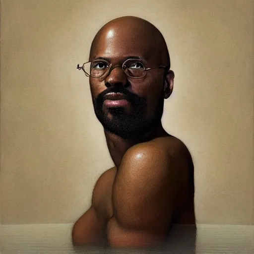 Image similar to a strikingly handsome bald african-american man with a goatee viewing contemporary artworks at the Hirshhorn museum, in the style of Johfra and Shaun Tan, By Ruan Jia and Artgerm and Range Murata and WLOP and Ross Tran and William-Adolphe Bouguereau and Beeple, Fantasy Illustration. octane render, award winning, Artstation, intricate details, realistic, Hyperdetailed, 8k resolution