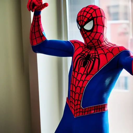 Prompt: man dressed as spiderman taking medicine for headache