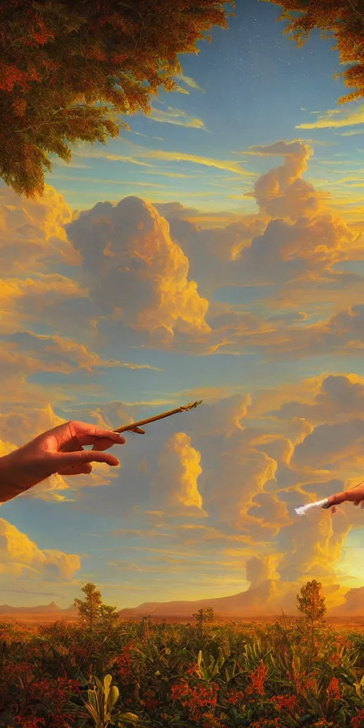 Image similar to symmetry!! smoking a joint in a surreal landscape of a dream, lucid dream, people, very detailed, serene, peaceful, golden hour, perfect lighting, perfect composition, digital art, illustration, frederic edwin church, tom white, 4 k