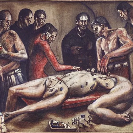 Image similar to by otto dix, by clive barker balmy, peaceful ancient roman. a beautiful drawing of a team of surgeons gathered around a patient on an operating table, with one surgeon in the process of cutting into the patient's chest. the drawing is full of intense colors & brushstrokes, conveying the urgency & intensity of the surgery.