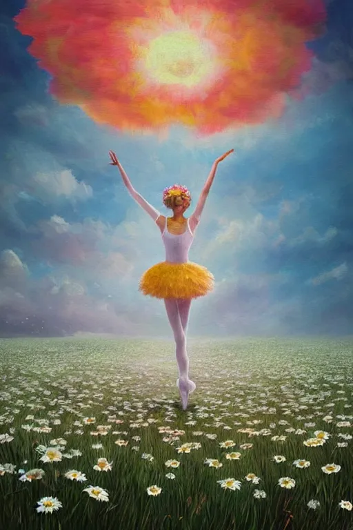 Image similar to giant white daisy flower as head, girl ballet dancing in a flower field, surreal photography, sunrise, dramatic light, impressionist painting, colorful clouds, digital painting, artstation, simon stalenhag