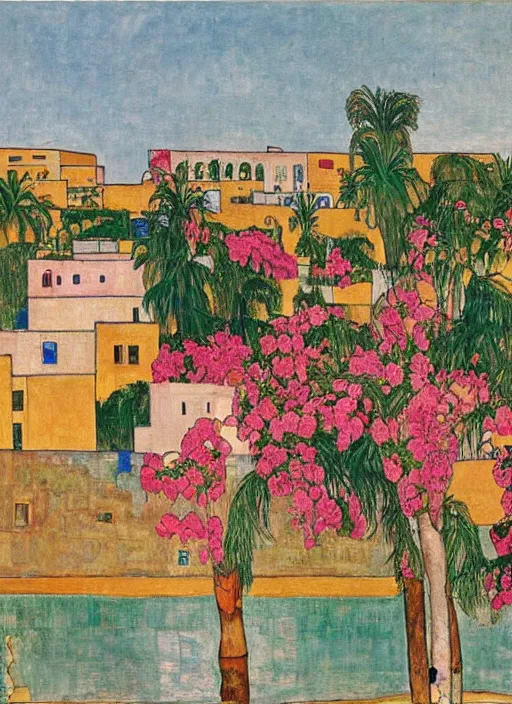 Prompt: ahwaz city in iran with a big arch bridge on local river, 2 number house near a lot of palm trees and bougainvillea, hot with shining sun, painting by egon schiele