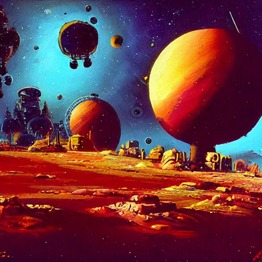 Image similar to a village on saturn by paul lehr,