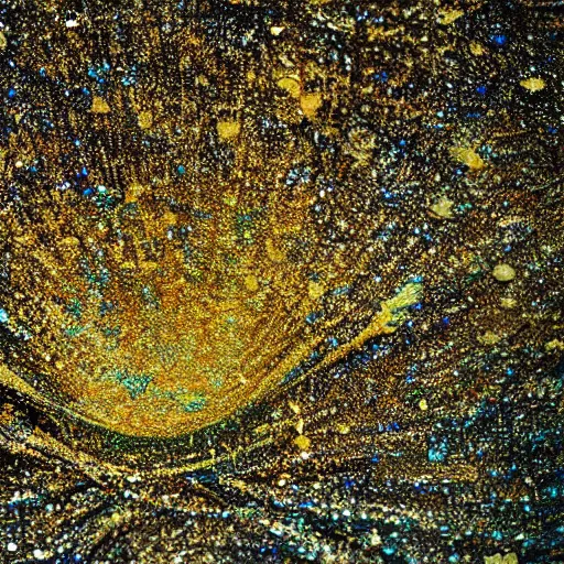 Image similar to a wet swirling mixture of gold paint and very colorful colored pigment particles glitter suspended in a turbulent liquid, captured in slow motion, crystal clear focus, macro photography lens closeup, slow-motion pour, dumpedpaint glittery, shimmering, speculars