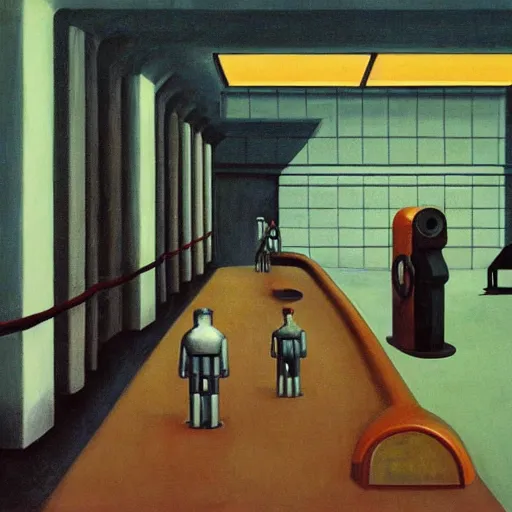 Prompt: drab human slaves on a conveyor belt, guarded by fascist robot overlords, brutalist facility, battersea, dystopian, pj crook, edward hopper, oil on canvas