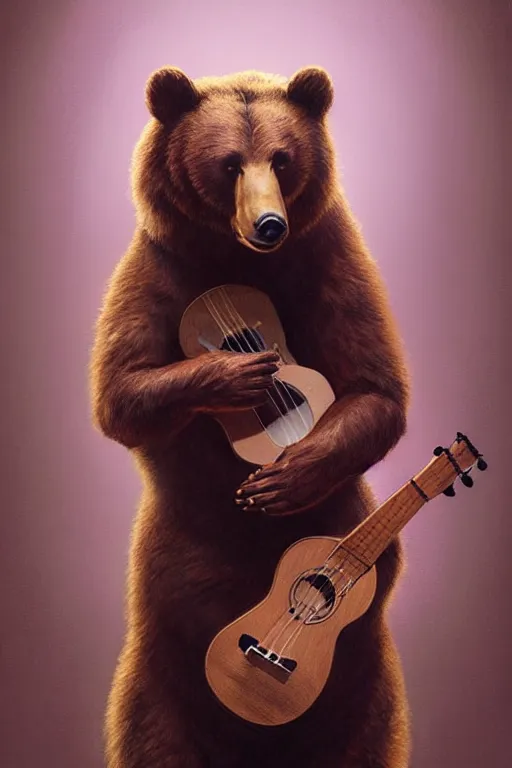 Image similar to realistic bear playing triangular body of ukulele, realistic portrait, symmetrical, highly detailed, digital painting, artstation, concept art, smooth, sharp focus, illustration, cinematic lighting, art by artgerm and greg rutkowski and alphonse mucha