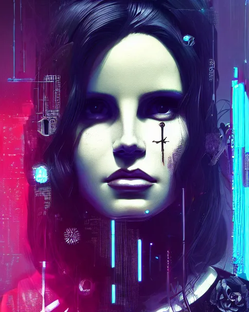 Image similar to portrait of lana del rey as a cyberpunk cyborg. intricate abstract. intricate artwork, tear drops, roses, crucifix, by tooth wu, wlop, beeple, dan mumford. concept art, octane render, trending on artstation, greg rutkowski, symmetrical, cinematic, key art, hyper realism, iridescent accents