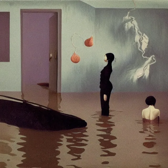 Image similar to tall female emo artists in their flooded apartment, painting of flood waters inside an artist's home, a river flooding indoors, pomegranates, pigs, ikebana, zen, water, octopus, river, rapids, waterfall, black swans, canoe, berries, acrylic on canvas, surrealist, by magritte and monet