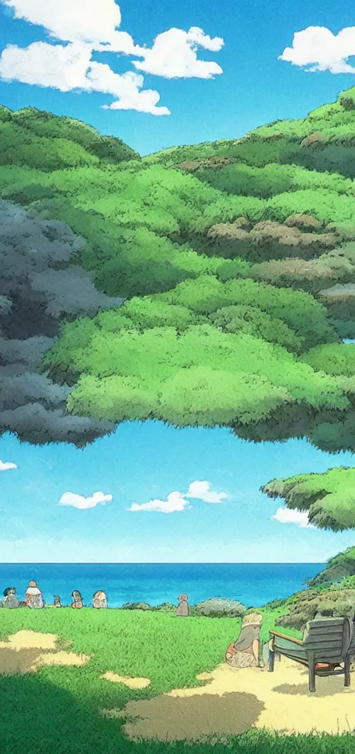 Image similar to rolling meadows next to an ocean by studio ghibli, peaceful, serene, beautiful