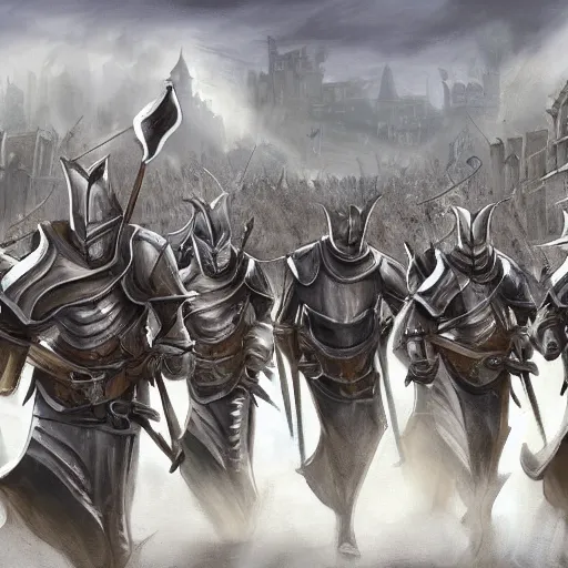 Image similar to Concept art of a group of knights marching through a town, hyper realistic art style, outstanding visuals, wide shot, foggy, fantasy inspired, extreme detail, award winning