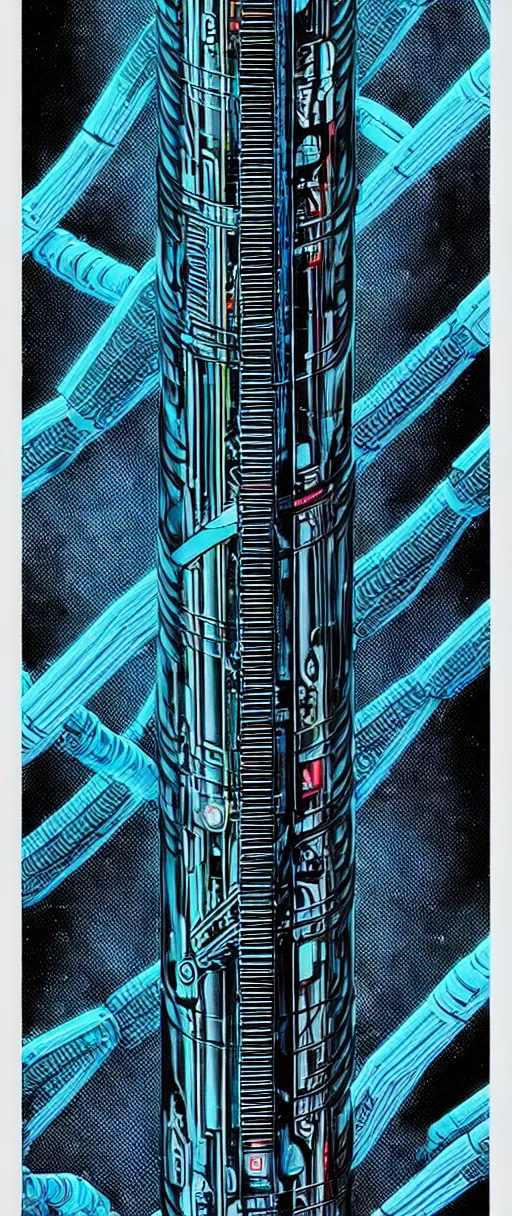 Image similar to a double helix dna cyberpunk pillar, high details, lineart, by vincent di fate, inking, 3 color screen print, masterpiece, trending on artstation, sharp, high contrast, hyper - detailed,, hd, 4 k, 8 k