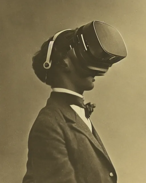 Image similar to 1 9 0 0 s photo of a person wearing a vr virtual reality headset