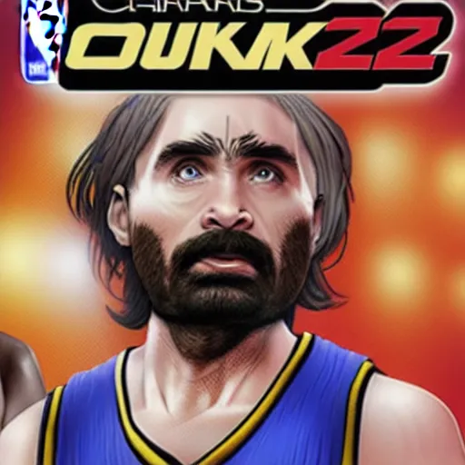 Prompt: nba 2 k video game cover art depicting charles manson dunking a basketball