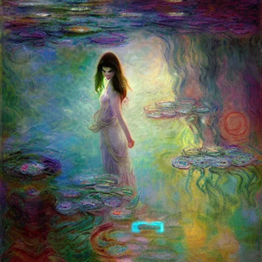 Image similar to ! dream the oracle of waters by ross tran and claude monet, oil on canvas