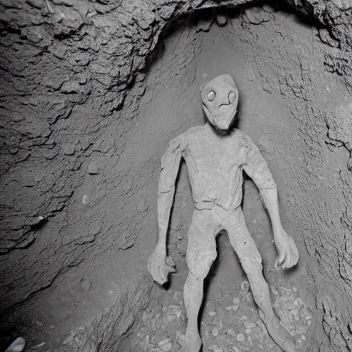 Prompt: found footage of a man made of grayish clay emerging from a wall inside of a cave made of grayish clay, creepy, flash photography, unsettling, moist