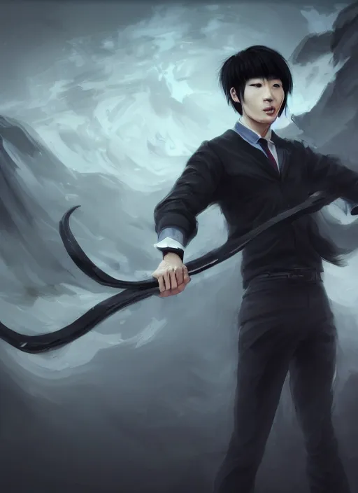 Prompt: a highly detailed illustration of attractive korean man with bowl cut black hair wearing shirt and tie with giant black claws, wielding giant black fog claws pose, tired expression, foggy black mist surrounding background, intricate, elegant, highly detailed, centered, digital painting, artstation, concept art, smooth, sharp focus, league of legends concept art, wlop.