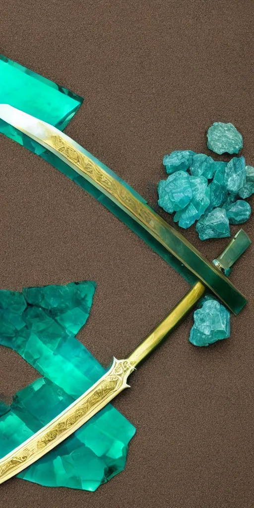 Image similar to photograph of a wide green and teal crystal sword blade attached to a big gold sword hilt