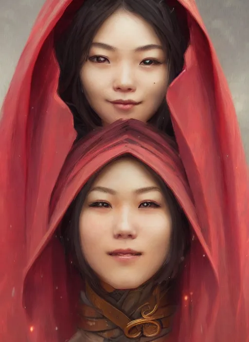 Image similar to Close-up portrait of smiling young asian woman wearing hood, portrait, highly detailed, digital painting, artstation, concept art, sharp focus, illustration, art by artgerm and greg rutkowski and alphonse mucha