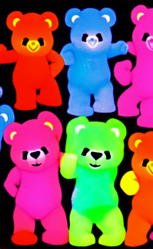 Image similar to care bears at woodshock blacklight style