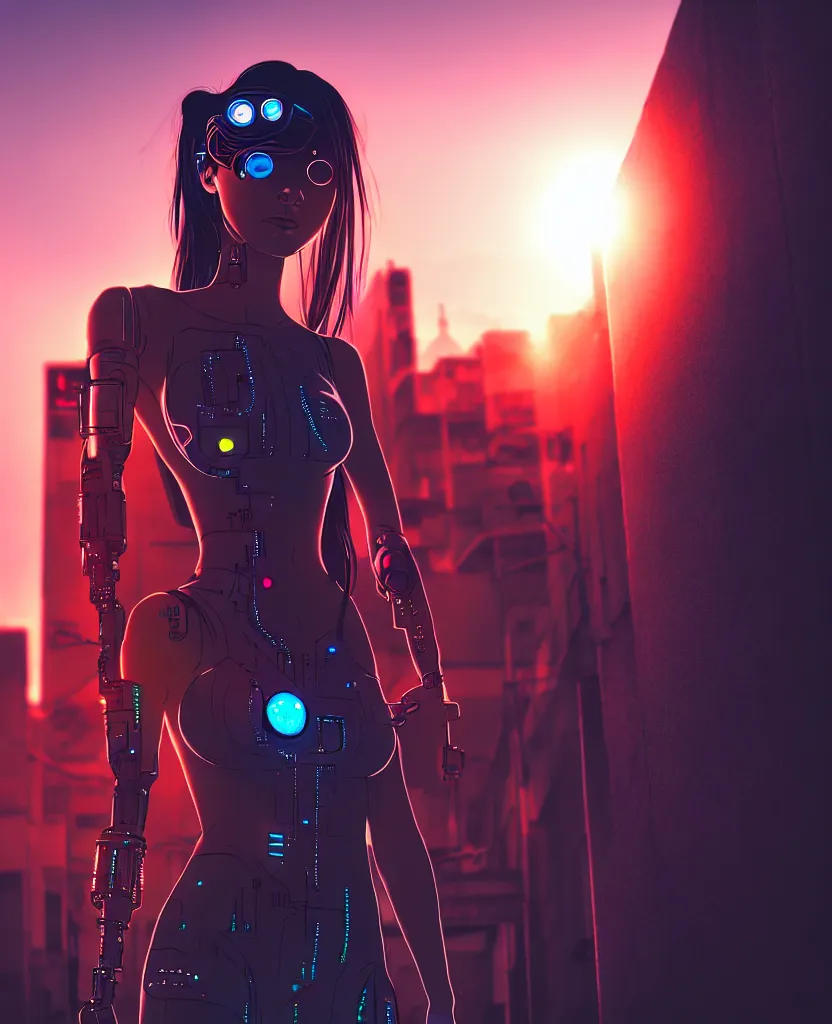 Image similar to a photo close up cyberpunk cyborg girl stands in a cyberpunk hiroshima, prefecture streets, sunset, photorealistic, cinematic lighting, very detailed, style by tomino - sama