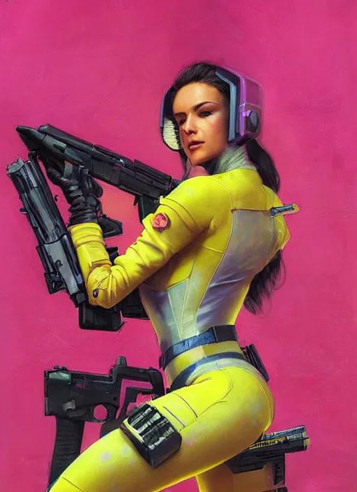 Image similar to beautiful cyberpunk female athlete wearing pink jumpsuit and yellow jacket. firing a futuristic red automatic pistol with huge magazine. ad for pistol. cyberpunk poster by james gurney, azamat khairov, and alphonso mucha. artstationhq. gorgeous face. painting with vivid color, cell shading. ( rb 6 s, cyberpunk 2 0 7 7 )