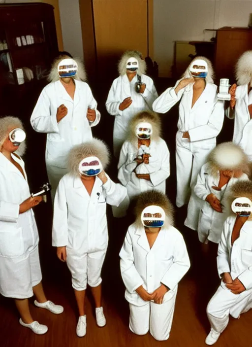 Prompt: realistic photo of a group of female scientists wearing white shorts, faces covered with white paint, watching at a levitating fluffy furry cloud, in a living room laboratory with many wooden gadgets made of wood interior is made of wood 1 9 9 0, life magazine reportage photo, natural colors