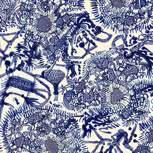 Prompt: willow pattern of flowers and aliens by giger