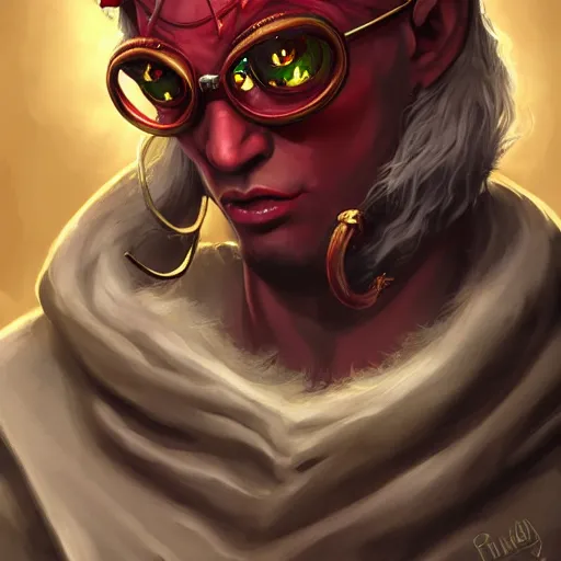Image similar to Red skinned Male Tiefling alchemist with gold rimmed goggles and long horns, highly detailed, ominous, artgerm, digital illustration, concept art, 8k, trending on artstation