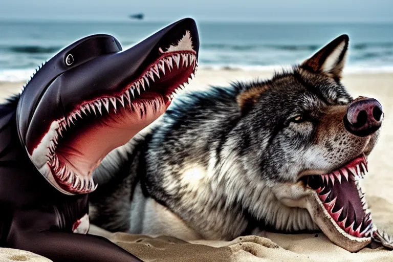 Image similar to professional photo of a shark body and canine wolf muzzle head half wolf half shark strange chimera discovered on the beach