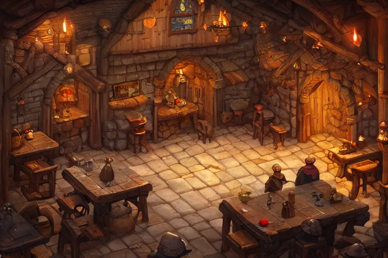 Image similar to a digital painting of an isometric medieval tavern environment by justin gerard, paul bonner, wooden floor, open doorway, windows, highly detailed, volumetric lighting, digital art, isometric, artstation hd