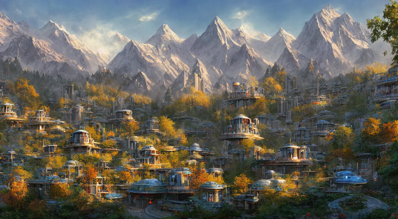 Image similar to futuristic sci-fi city under Kashmir mountains, mosques made of wood in ornate style, and hill valley grec greeble glory island little wood bridge painting of tower, maple with red leaves, and cottages ivy plant in marble late afternoon light, wispy clouds in a blue sky, by frank lloyd wright and greg rutkowski and ruan jia