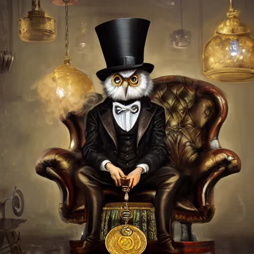 Prompt: oil painting of grumpy rich steampunk owl, sitting in fancy chair, wearing top hat, holding gold coin, steampunk factory background, machines in background, sharp focus, fantasy style, octane render, volumetric lighting, 8k high definition, by greg rutkowski, highly detailed, trending on art Station, magic the gathering artwork, centered,