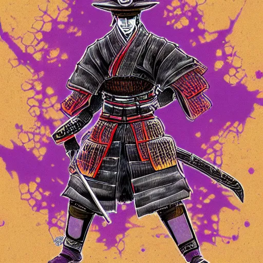 Image similar to a samurai standing in the purple abyss, rot, blood, dark, bloodborne, night, hopeless, highly detailed, intricate background