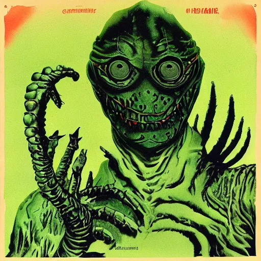 Prompt: album cover, creature from the black lagoon, by Richard Powers