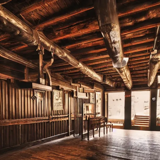 Prompt: Empty Old West Saloon at the break of day with a Grand Piano and Staircase, dust particles in the air, god beams coming through the windows, hyper realistic, HD, DLSR Camera
