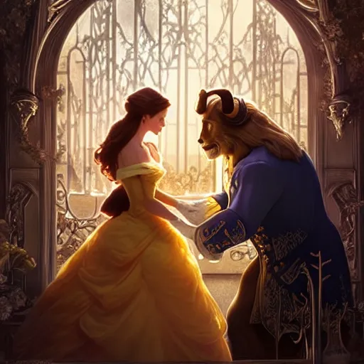 Image similar to belle beauty and the beast ; ultra realistic, concept art, intricate details, eerie, haunting, highly detailed, photorealistic, octane render, 8 k, unreal engine. art by artgerm and greg rutkowski and charlie bowater and magali villeneuve and alphonse mucha